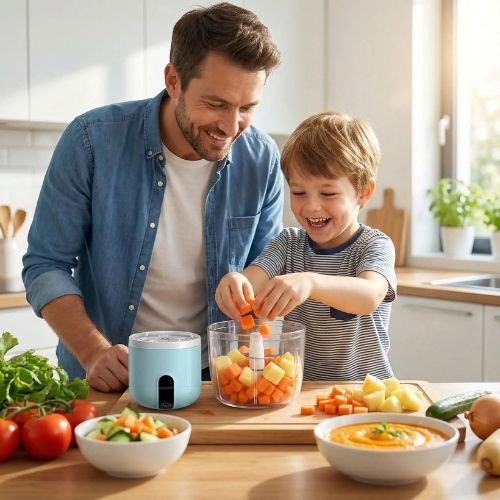 mini hachoir électrique papa fils heureux préparant potage facilement