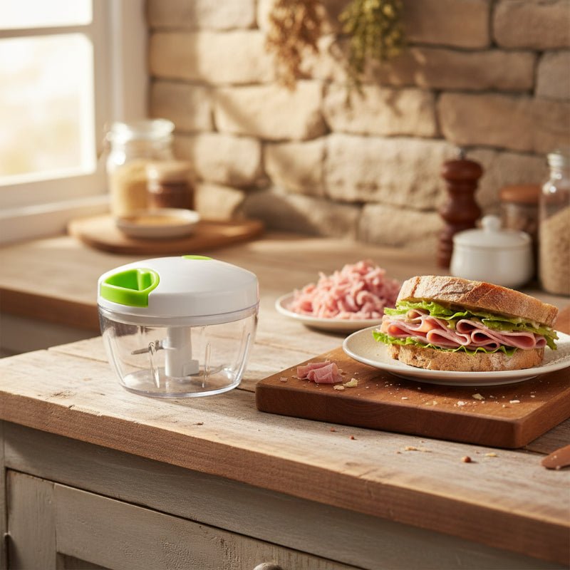 mini hachoir pour viande sur comptoir avec sandwich