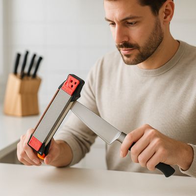 pierre a aiguiser recto verso homme affûtant couteau chef