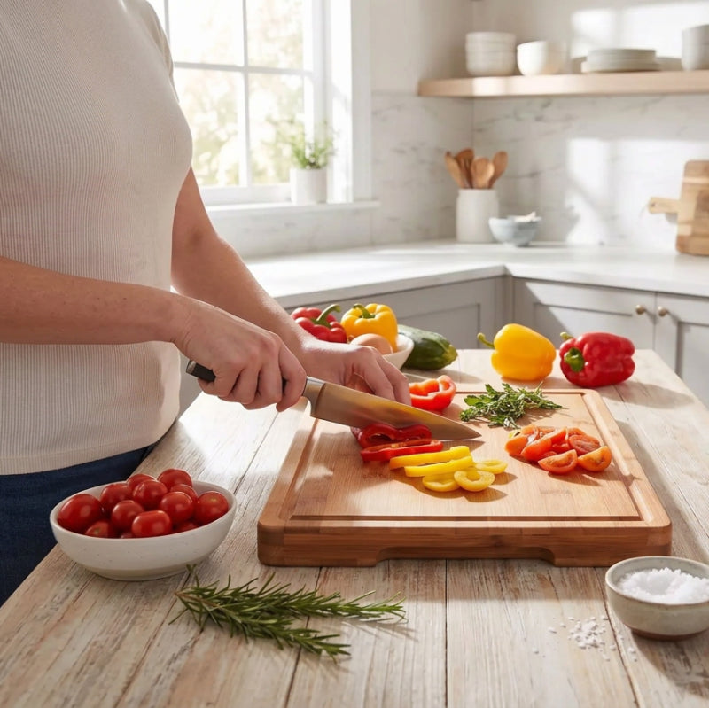 planche à découper bambou femme tranche légumes