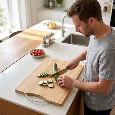 Planche à découper bambou homme coupant concombre