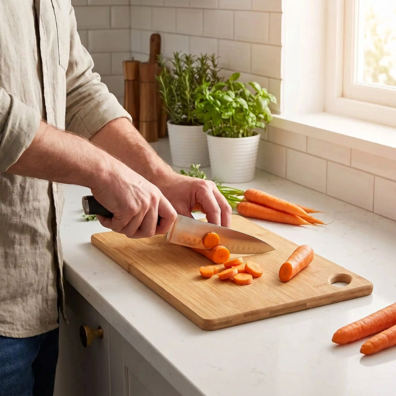 planche à découper bambou homme tranche carottes