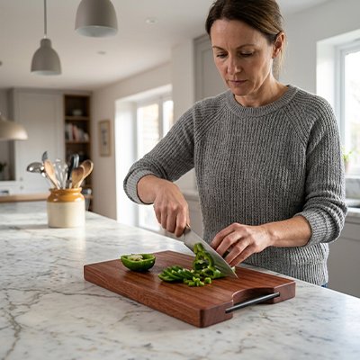 Planche à découper bois dame éminçant des poivrons facilement