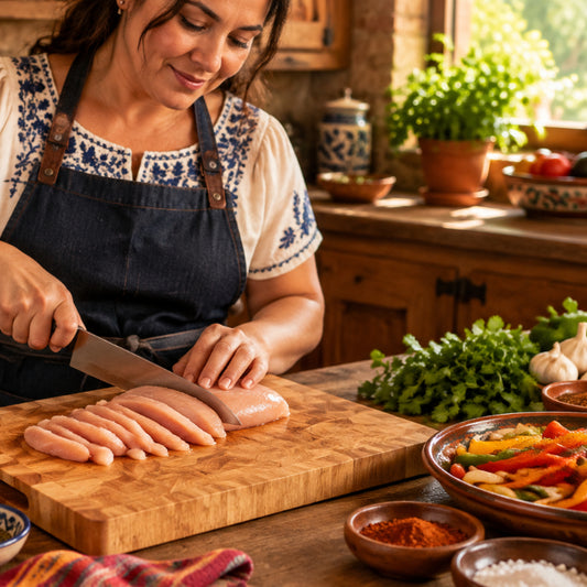 planche à découper bois dame tranchant poulet pour souper fajitas