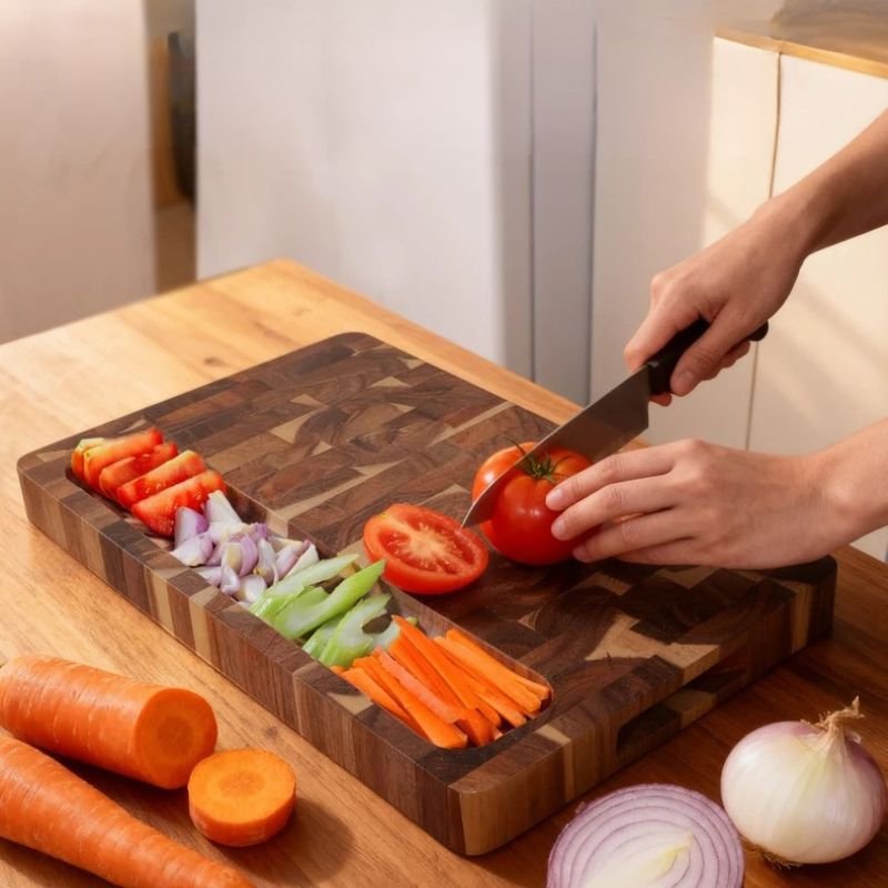 planche à découper bois damier dame tranchant légumes cavité déposer aliments