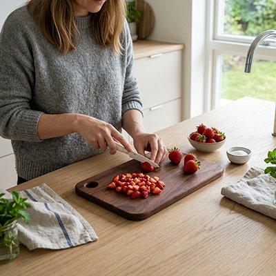 Planche à découper bois femme tranchant fraises avec précision