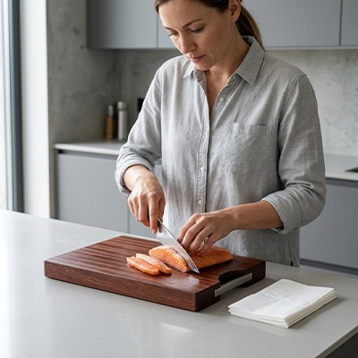 Planche à découper bois femme tranchant le saumon