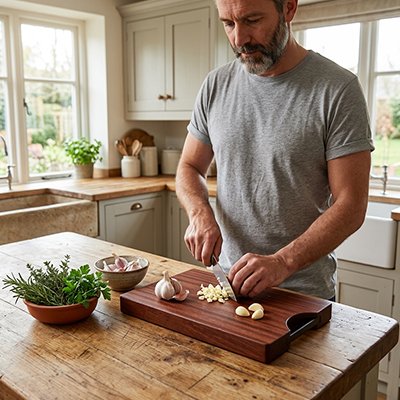 Planche à découper bois homme éminçant l'ail et fines herbes