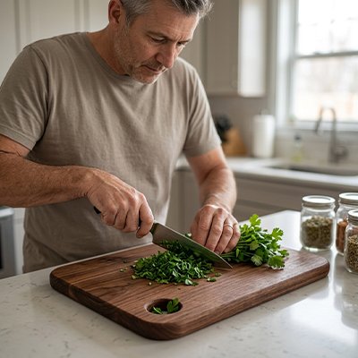 Planche à découper bois homme éminçant persil facilement
