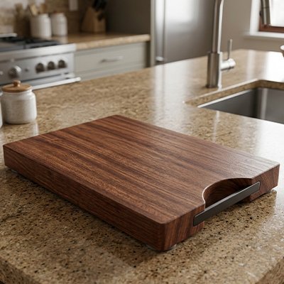 Planche à découper bois joli design sur comptoir de cuisine