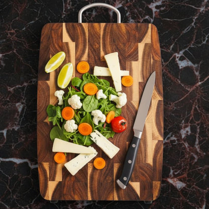 planche à découper damier morceaux légumes et fromage sur planche à découper