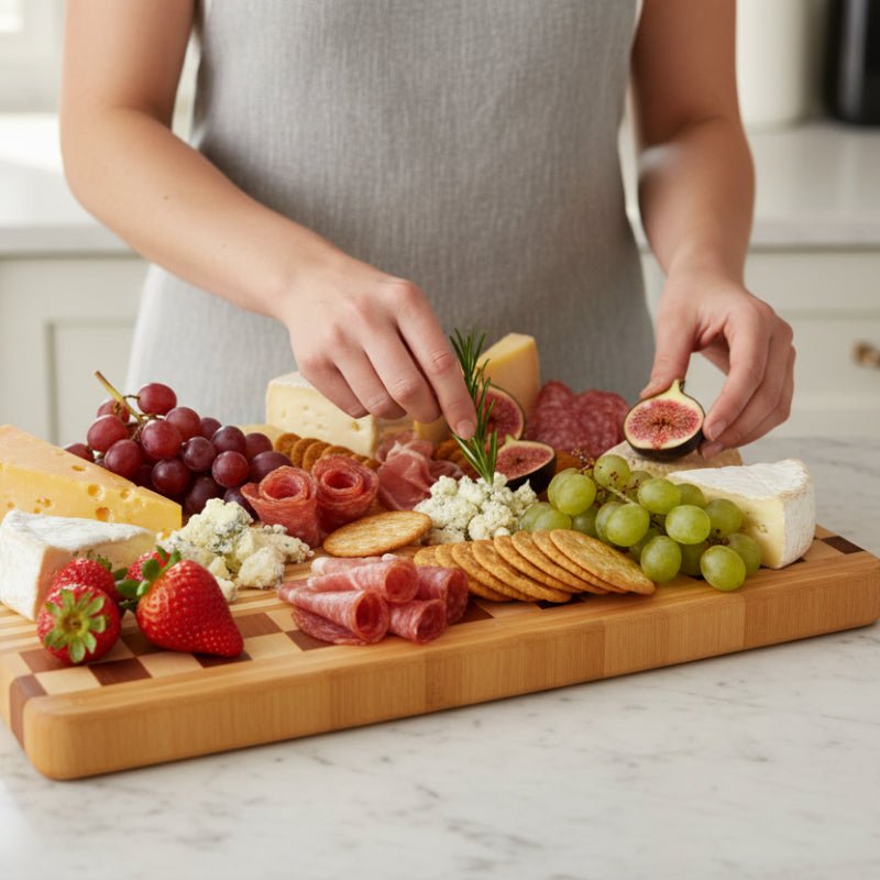 planche a découper damier dame préparant plateau fromage charcuterie fruits