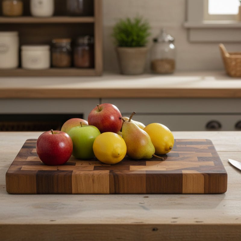 planche à découper damier divers fruits sur planche découper