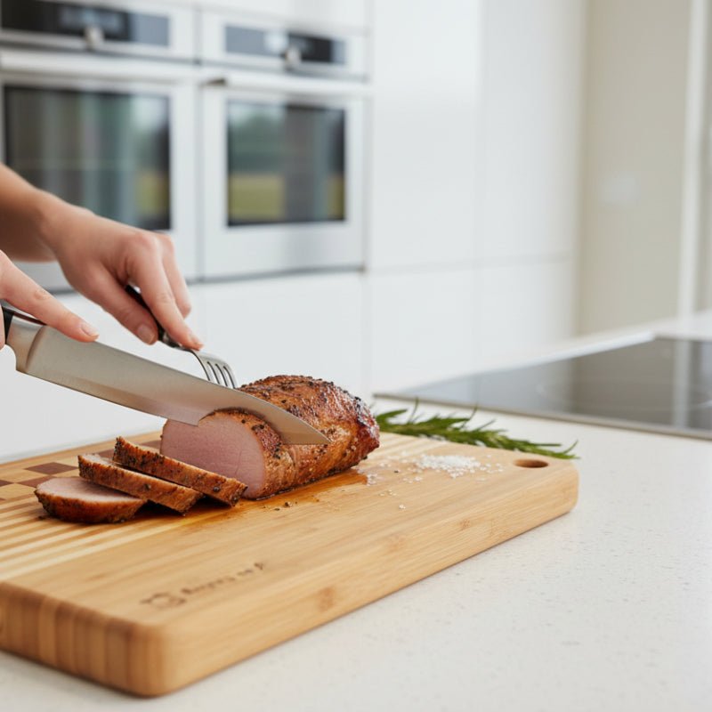 planche a découper damier femme tranchant porc