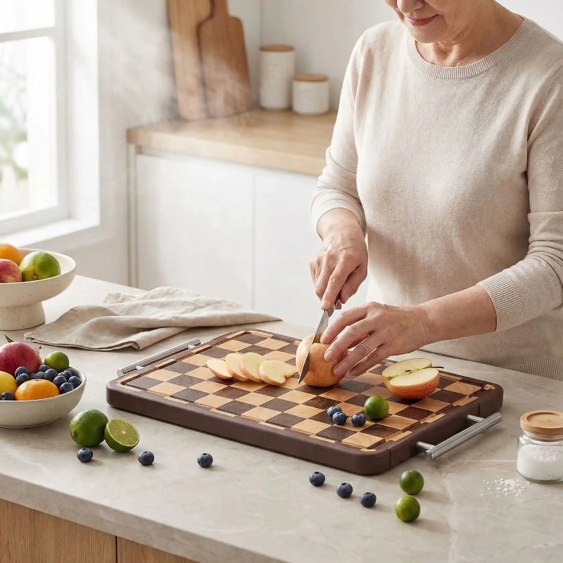 planche à découper damier femme tranche pommes