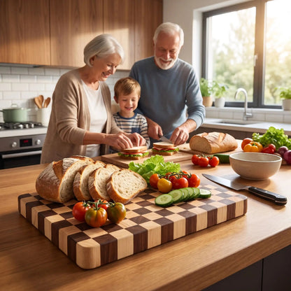 planche a decouper damier grand parents préparant sandwich avec enfant