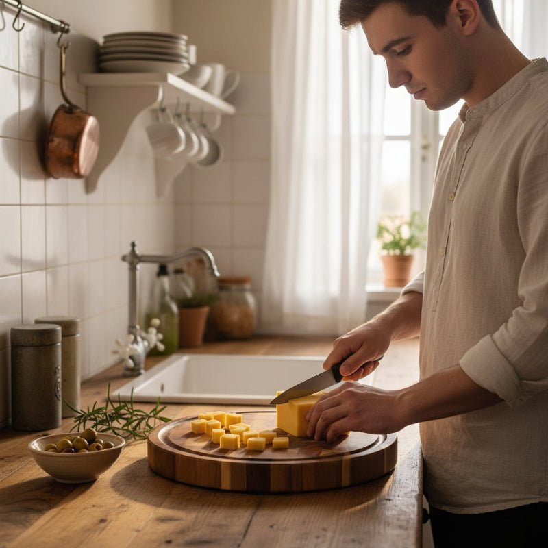 planche à découper damier homme coupant fromage cuisine