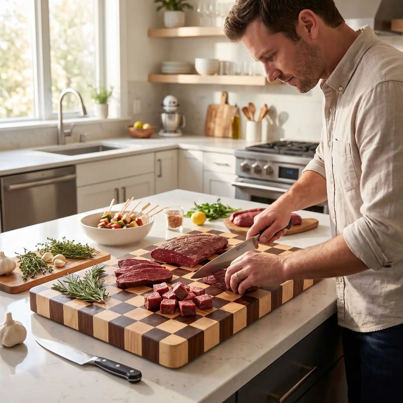 planche a decouper damier homme tranchant boeuf cube pour souper