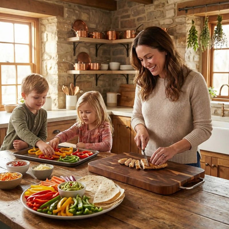 planche à découper damier mère préparant fajitas avec enfants