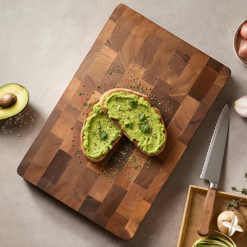 planche à découper damier pains tranchés avec guacamole