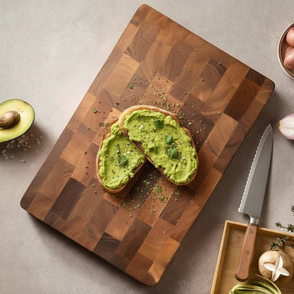 planche à découper damier pains tranchés avec guacamole