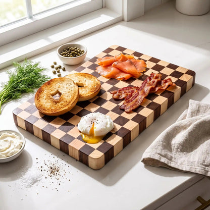planche a decouper damier préparation déjeuner