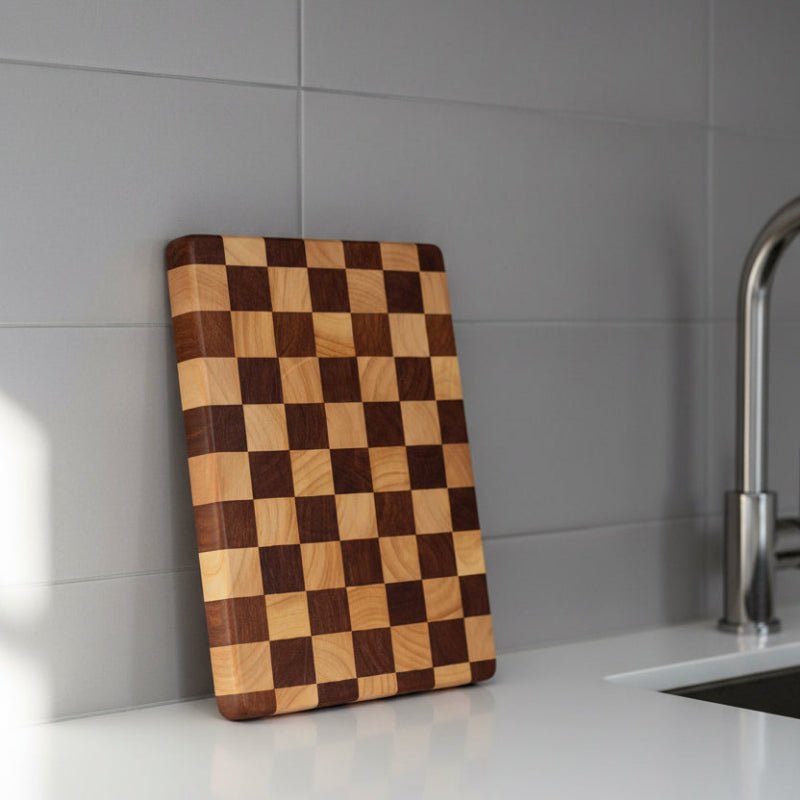 planche à découper en damier accoter sur mur près évier