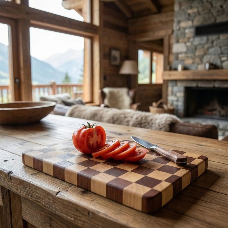 planche à découper en damier couteau tomate tranchée sur planche découper