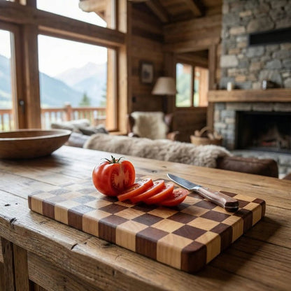 planche à découper en damier couteau tomate tranchée sur planche découper