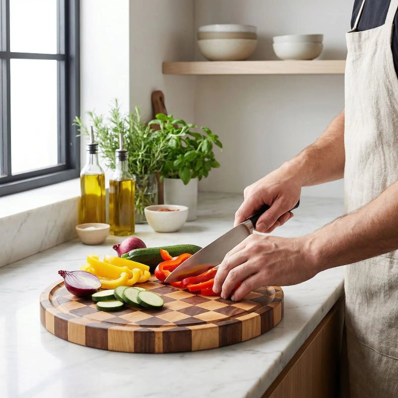 planche à découper en damier homme coupant légumes
