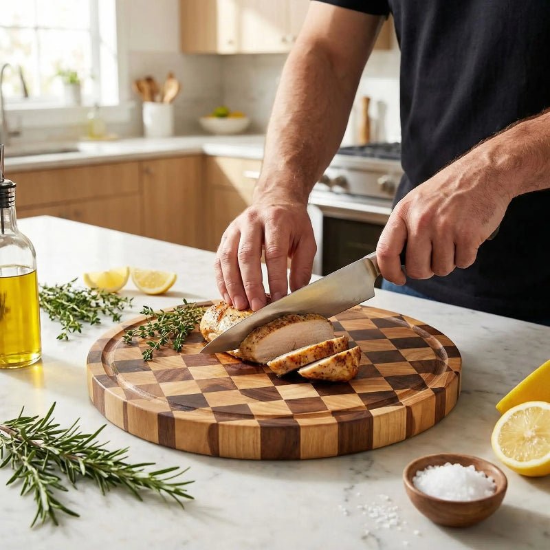 planche à découper en damier homme coupant poulet
