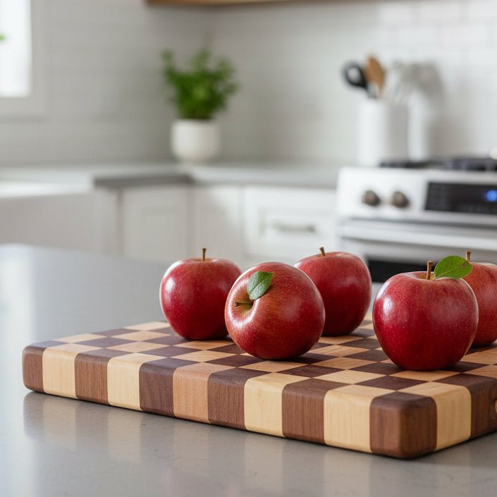 planche à découper en damier pommes sur planche découper