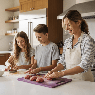 planche à decouper famille préparant boulettes pour hamburger