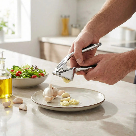 presse a ail homme hachant ail pour préparer salade