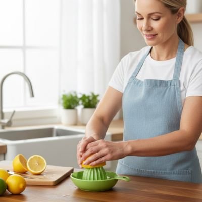 Presse agrume dame tenant une moitié de citron sur la forme conique pour presser le fruit