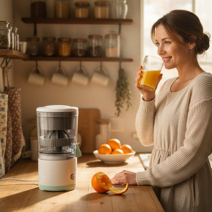 presse agrume électrique dame buvant son jus orange fraîchement pressé