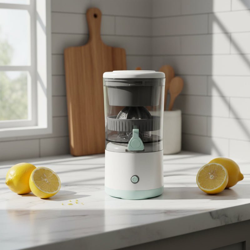 presse agrume électrique sur comptoir avec quartier citron
