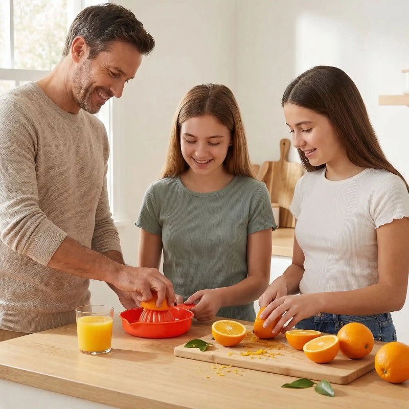 presse agrume homme préparant jus fraîchement pressé avec filles