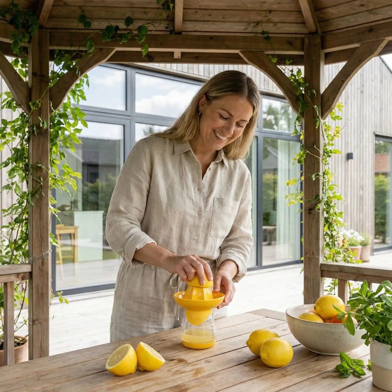 presse agrumes femme pressant citron dehors