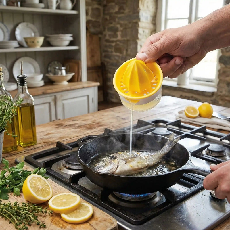 presse agrumes homme versant jus citron sur poisson