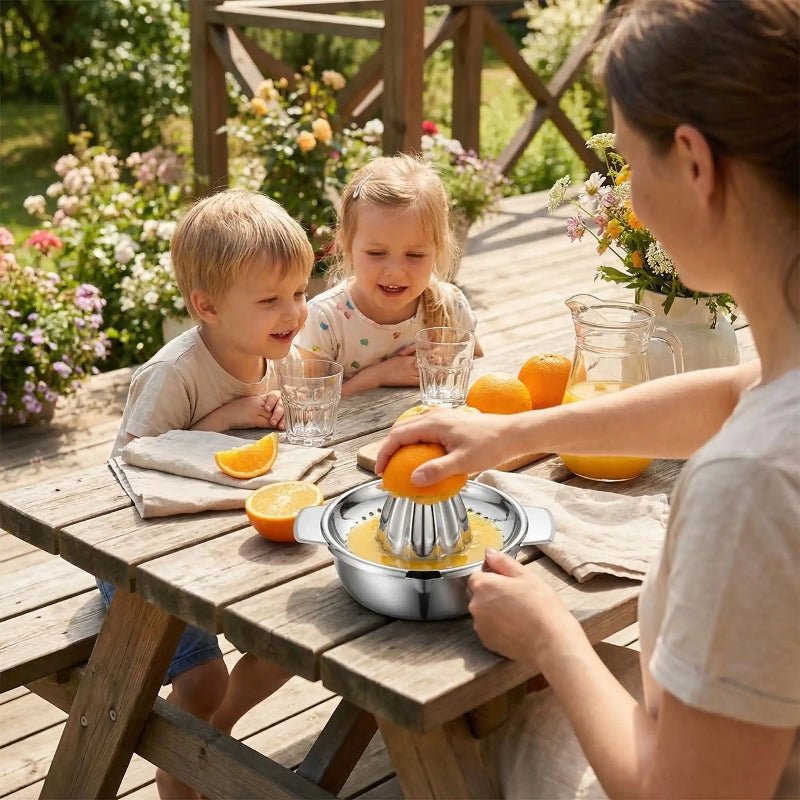 presse agrumes mère préparant jus orange pour enfants