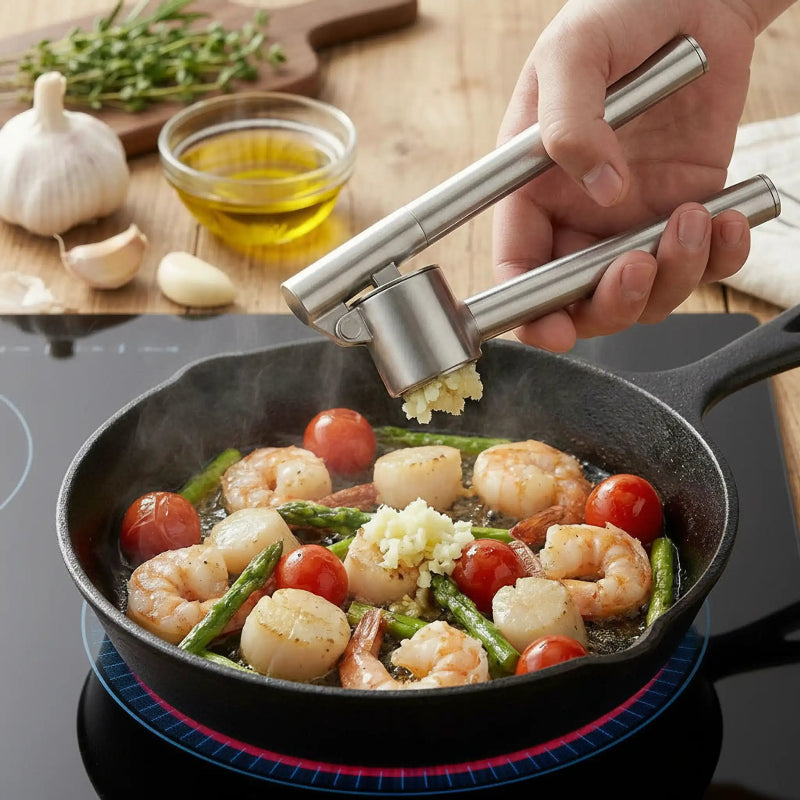 presse ail broyant ail dans un mélange crevettes pétoncles