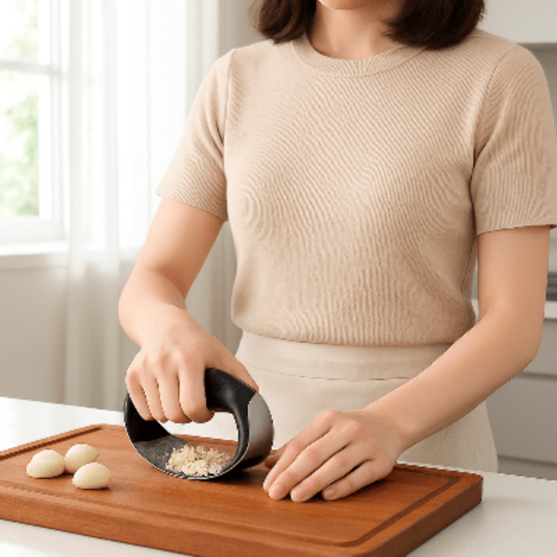 presse ail femme hachant ail