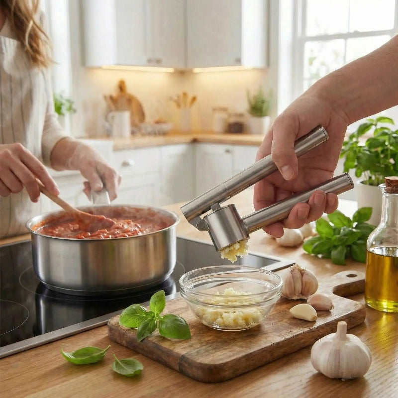 presse ail homme broyant ail pour mettre dans la sauce