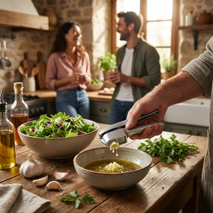 presse ail homme préparant vinaigrette pour salade