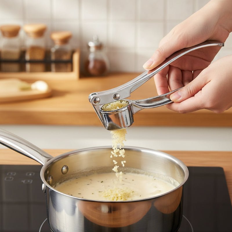 presse ail inox femme hachant ail pour sauce crémeuse
