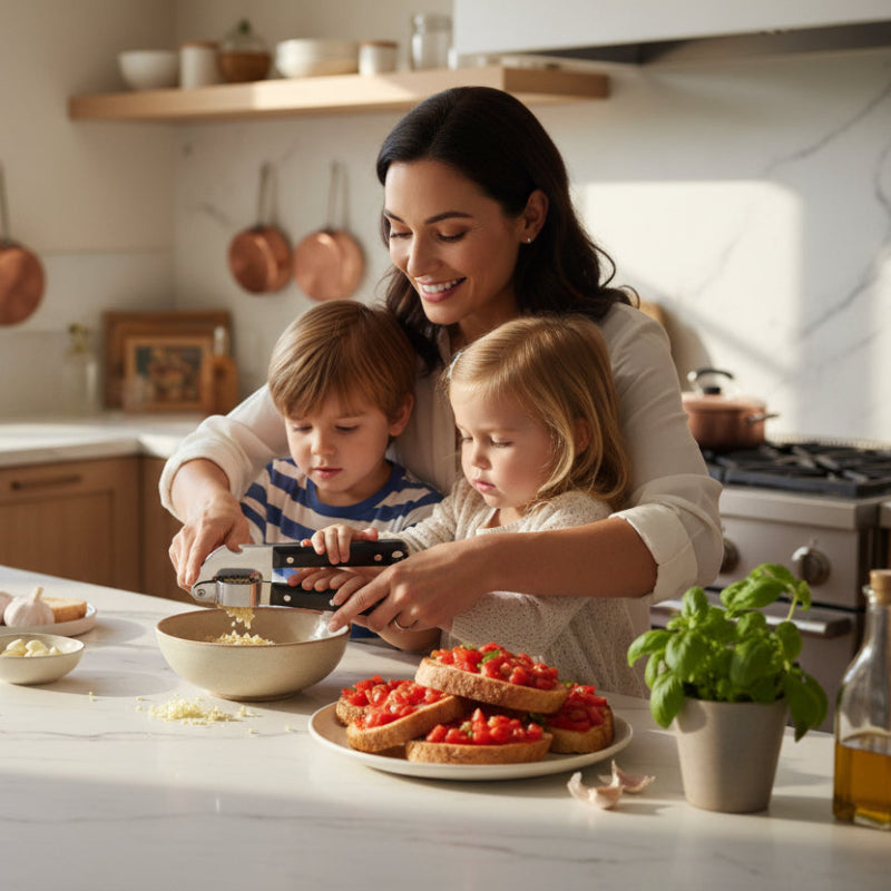 presse ail maman éminçant ail avec enfants pour bruschetta