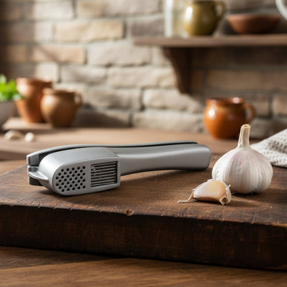 presse ail sur planche à découper avec gousse d'ail