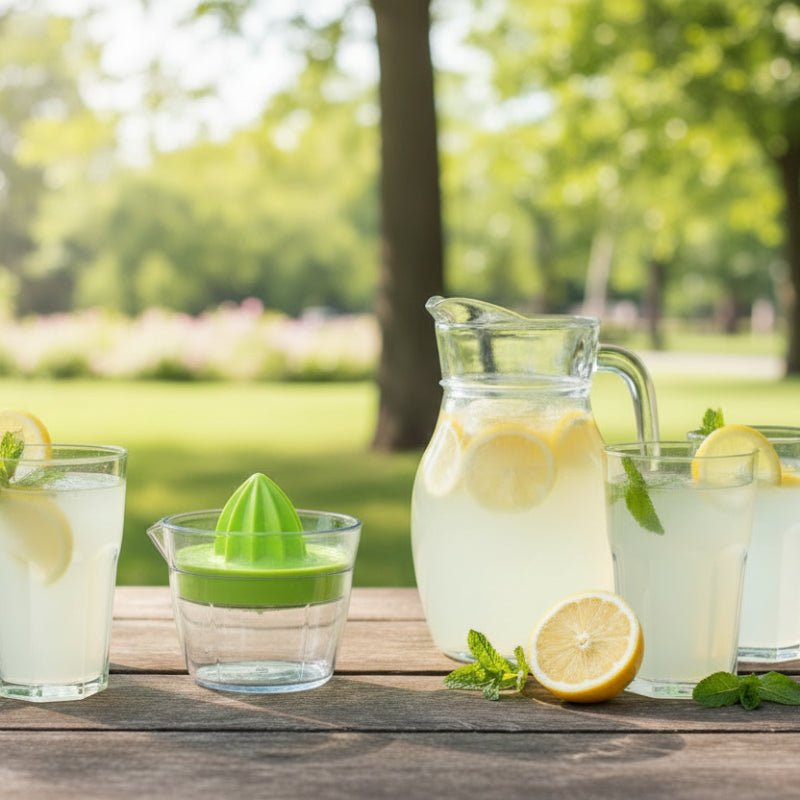 presse citron manuel sur table avec limonade au parc