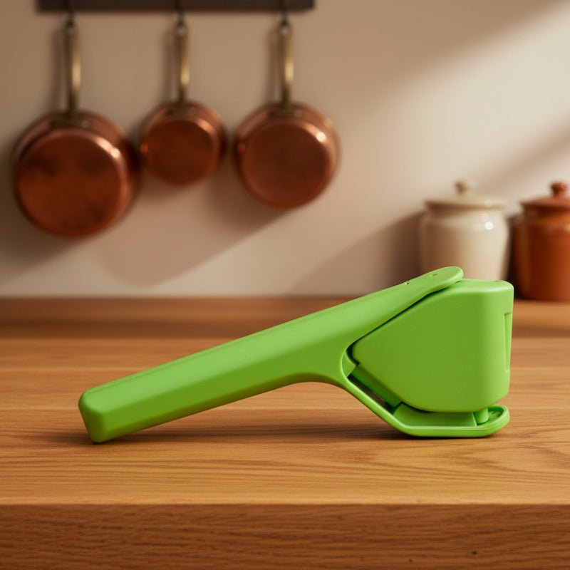 presse citron manuel vert sur comptoir bois naturel
